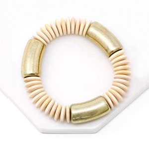 Wooden Beaded Elastic Bracelet, Gift for Her, Natural Wood Bracelet, Minimalist and Modern Wooden Bracelet Gold, Beaded Elastic Bracelet
