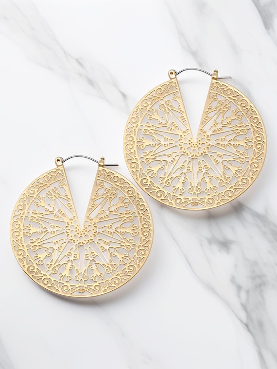 Lightweight Delicate Filigree Hoop Earrings, Matte Gold Plated, Statement Circle Hoops