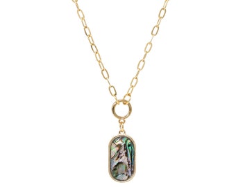 Oval Abalone Charm Short Necklace, Natural Abalone Necklace Gold, Gift For Her, Natural Shell, Paperclip Chain Necklace,Minimalist Necklace