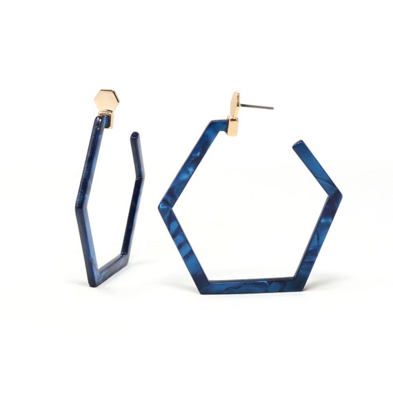 Hexagon Hoop Earring, Resin Hoop Earring, Circle Earring, Blue Earring, Fashion Statement Earring, Resin Earring, Lightweight Earring, Gifts