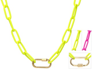 Mini Carabiner Necklace With Neon Chain, Neon Paperclip Chain Necklace, Oversized Chain Necklace, Gifts For Her, Modern Necklace, Minimalist