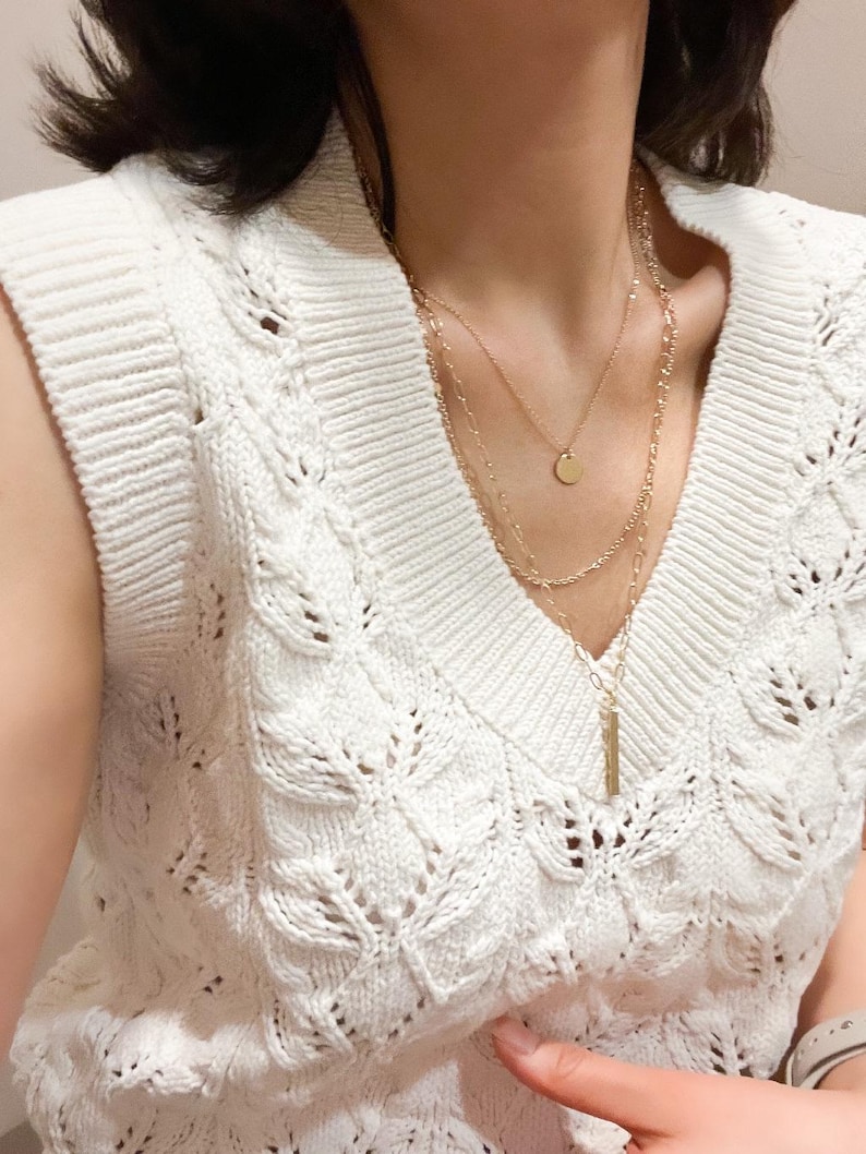 3 Layered Minimalist Necklace Set with Detangler Clasp Closure, Modern Paperclip Gold Plate Chain With Bar Charm, Less Tangle image 2