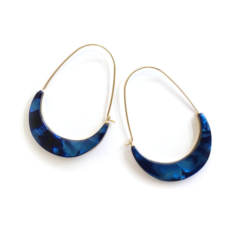 Crescent Resin Earring, Geometric Earring, Acetate Statement Earring, Semicircle Hoop Earring, Abalone Hoop, Gifts For Her, Modern Earring Blue