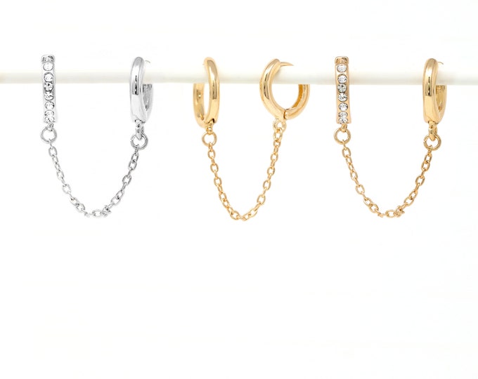 Chain Loop Earplug Earrings, Gold Silver CZ Stone, Double Piercing Holder