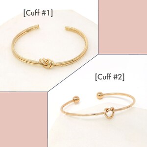 Style options chart for the cuff bracelets: Cuff #1 textured knot cuff and Cuff #2 thin ball-end cuff.