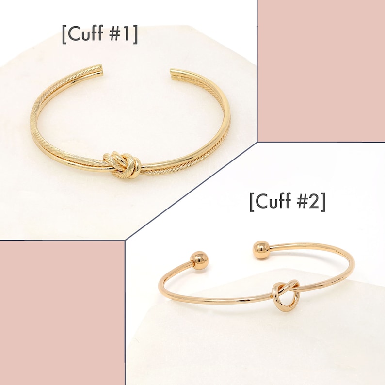 Style options chart for the cuff bracelets: Cuff #1 textured knot cuff and Cuff #2 thin ball-end cuff.