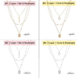 Style options chart for the 3 tier necklace set: bar and rectangle charms, or circle and rectangle charms, in gold or silver.