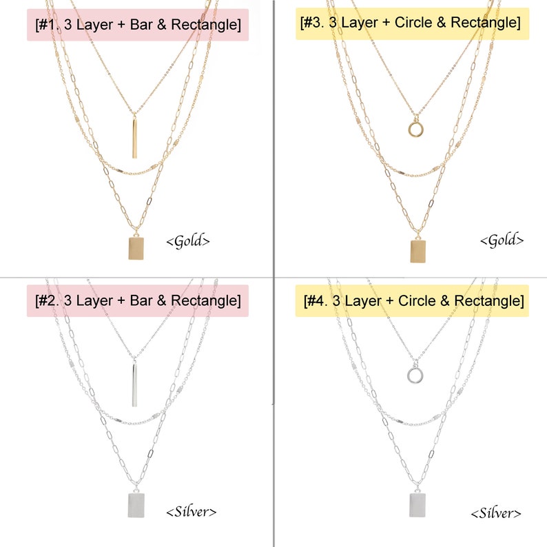Style options chart for the 3 tier necklace set: bar and rectangle charms, or circle and rectangle charms, in gold or silver.