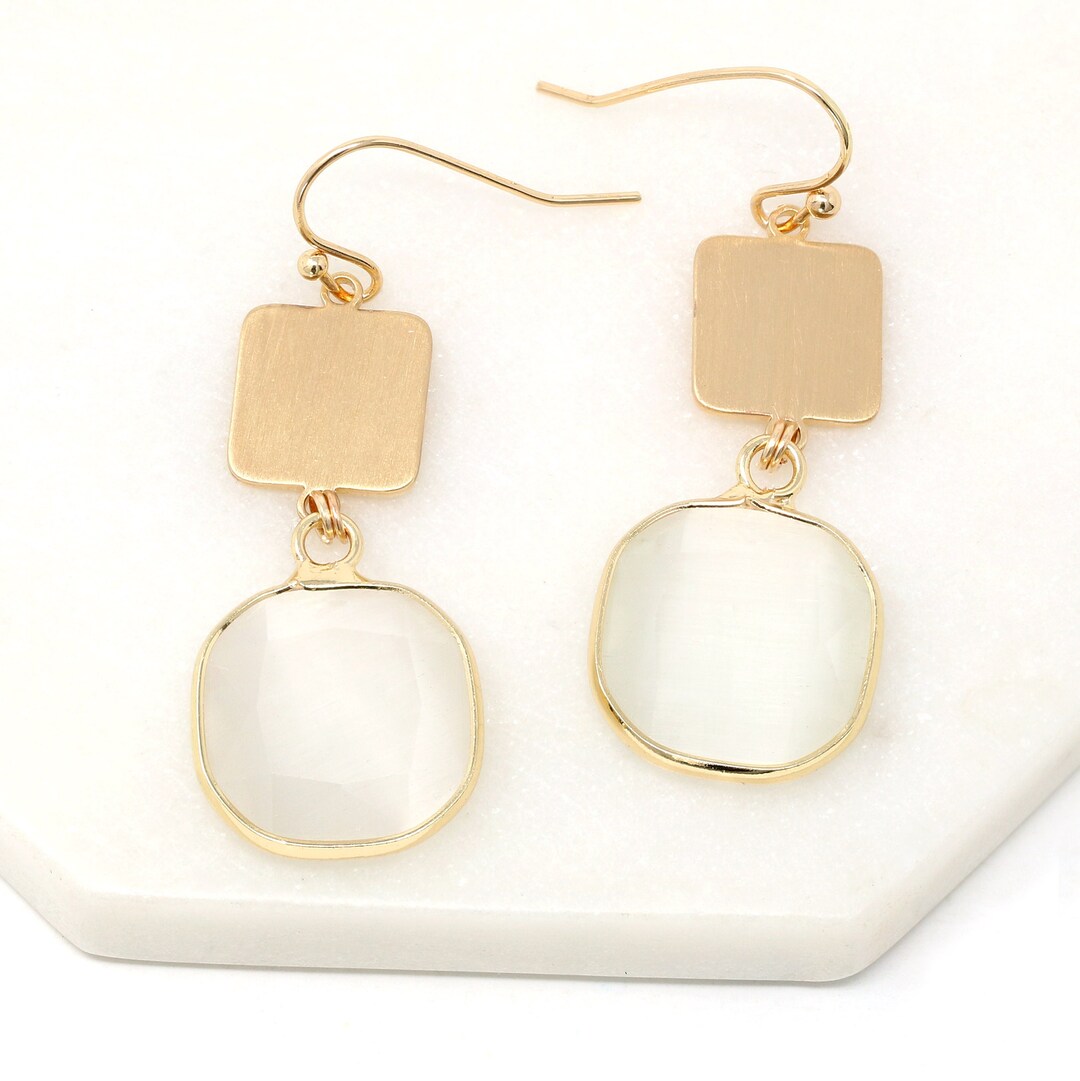 Cats Eye Stone Earring Dangle, White Cats Eye Stone Earring, Stone Earring Gold, Minimalist