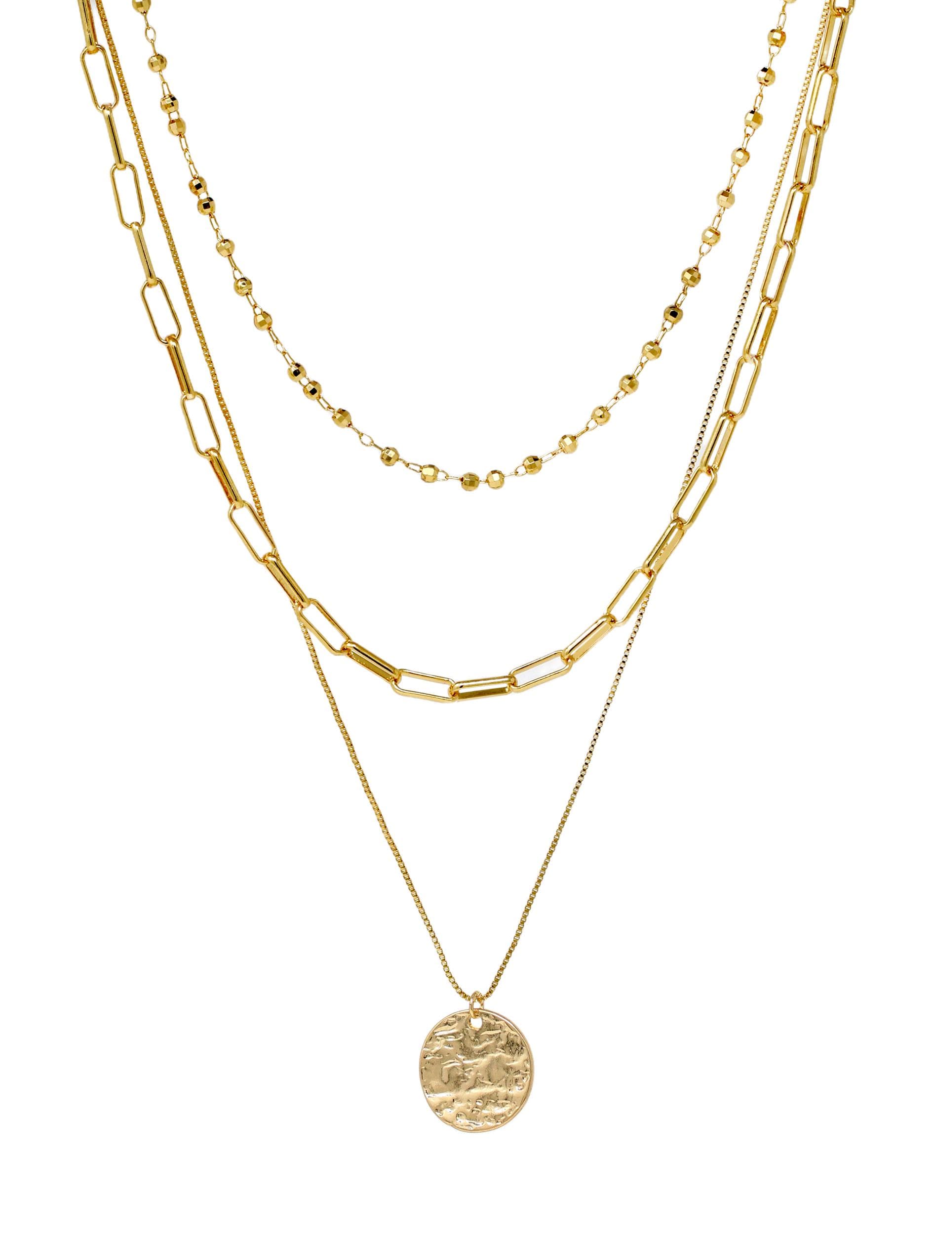 4 Layered Pearl and Coin Pendant Necklace Set, Gold Plated Chains