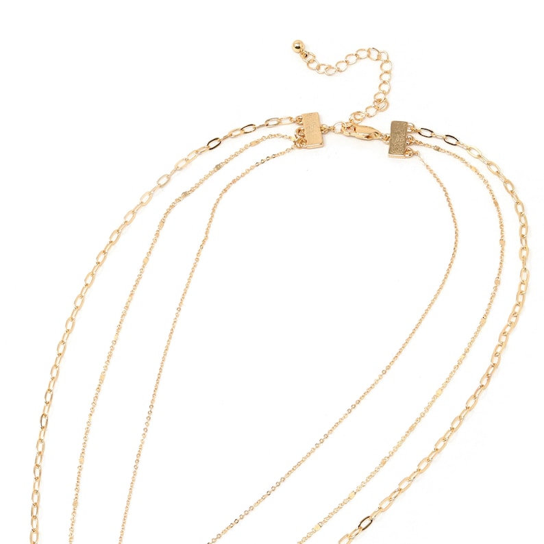 3 Layered Minimalist Necklace Set with Detangler Clasp Closure, Modern Paperclip Gold Plate Chain With Bar Charm, Less Tangle image 11