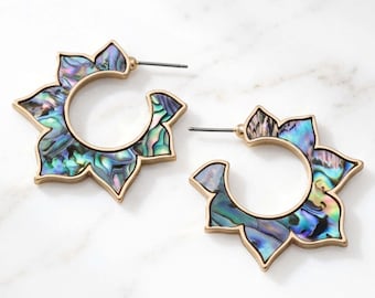 Natural Abalone Shell Hoop Earrings, Geometric Floral-Inspired Statement Jewelry, Flower Earrings, Gift For Her