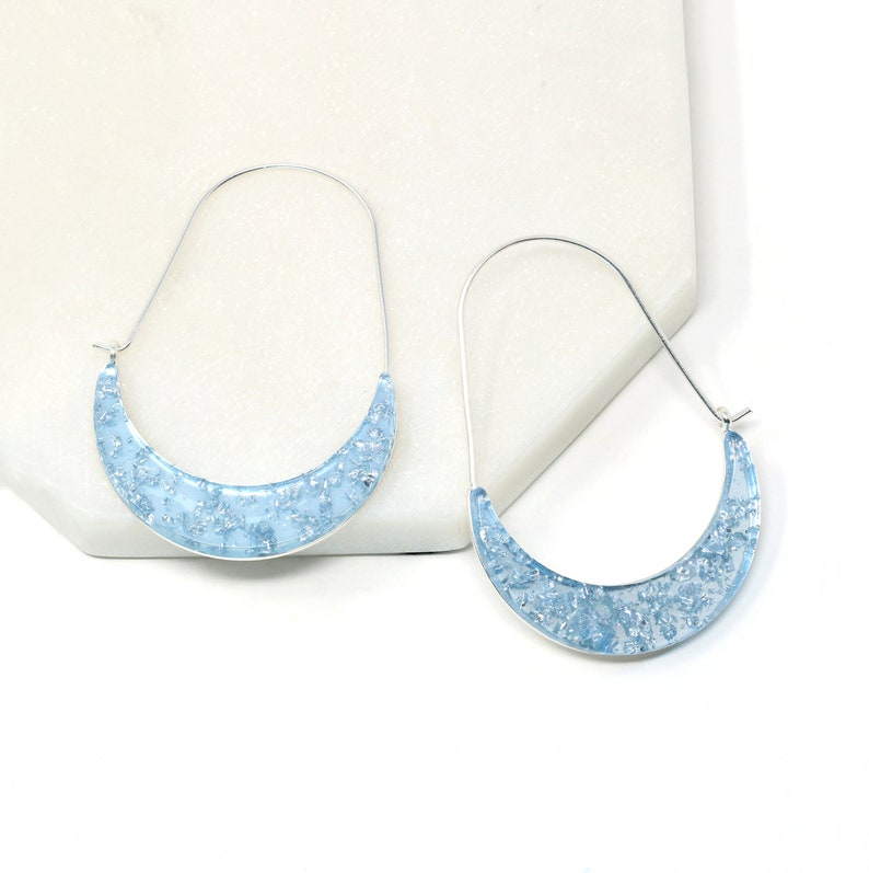 Crescent Resin Earring, Geometric Earring, Acetate Statement Earring, Semicircle Hoop Earring, Abalone Hoop, Gifts For Her, Modern Earring Silver L.Blue(Flake)