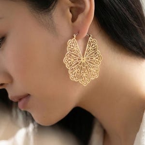 Lightweight Delicate Filigree Hoop Earrings, Matte Gold Plated, Statement Circle Hoops image 5