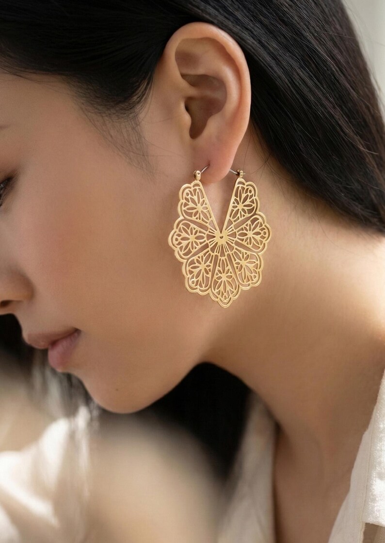 Lightweight Delicate Filigree Hoop Earrings, Matte Gold Plated, Statement Circle Hoops image 5