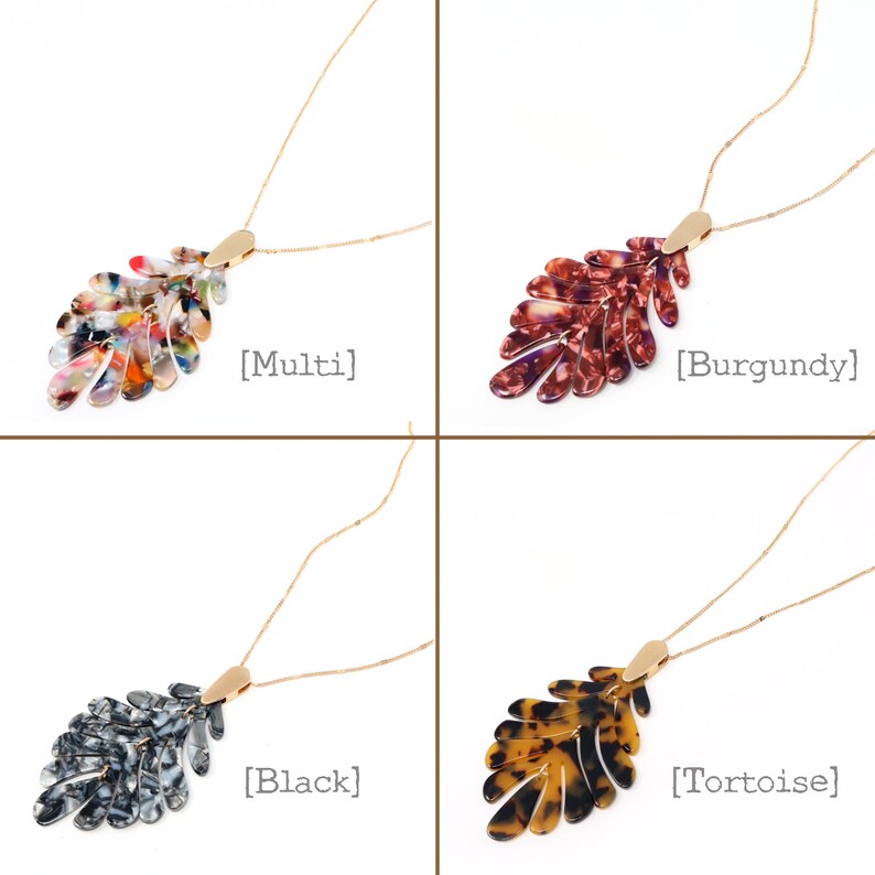 Leaf Acetate Fashion Necklace, Resin Long Necklaces, Leaf Necklace, Gift For Her, Celluloid, Multi Acetate Necklace, Modern Necklace, Simple image 8