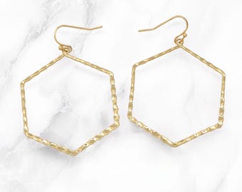 Worn Gold Hexagon Dangle Earrings, Hammered Metal Lightweight Earrings, Modern Minimalist
