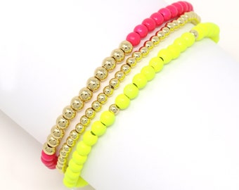 Neon Color Bracelet Set, Stackable bracelets set, Modern Elastic Beaded Bracelet, Neon Yellow, Hot Pink, Gift for Her, Elastic Ball Bracelet