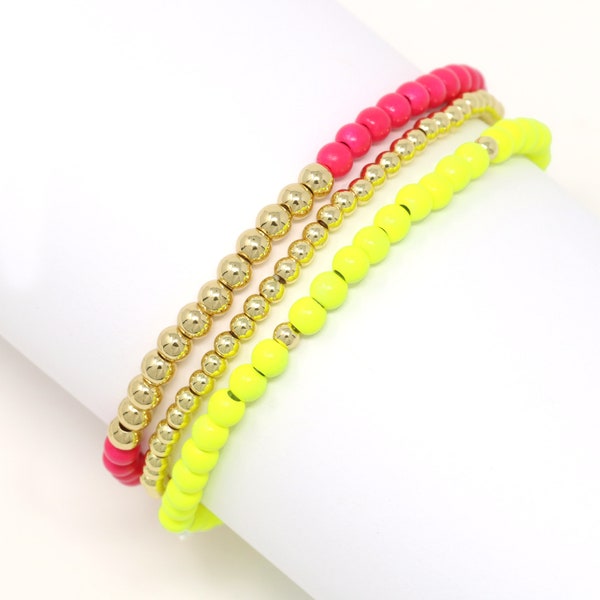 Neon Color Bracelet Set, Stackable bracelets set, Modern Elastic Beaded Bracelet, Neon Yellow, Hot Pink, Gift for Her, Elastic Ball Bracelet