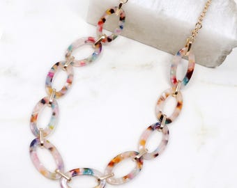 Resin Chain Linked Long Necklace, Lightweight Statement Long Necklace, Bib Necklace, Everyday Geometric Jewelry, Gift For Her