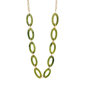 Collar largo llamativo de resina ligera con cadena de eslabones, joyería geométrica para el día a día (76 cm + 7,6 cm de extensión), verde oliva