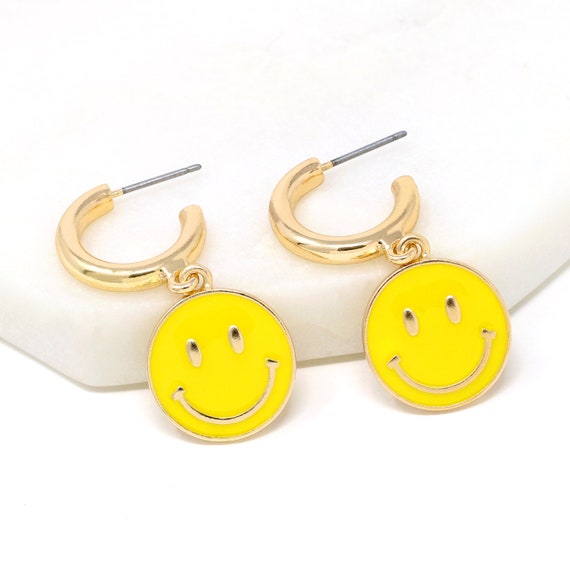 Sterling Silver Happy Face Hoops Earrings - Yellow Resin Sterling Silver Happy Face Hoops Earrings - Yellow Resin