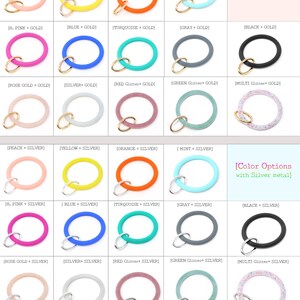May include: A grid of 20 silicone keychains with different colors and glitter options. The keychains are available with either gold or silver metal accents. The text "Color Options with Gold metal" and "Color Options with Silver metal" appears in the image.
