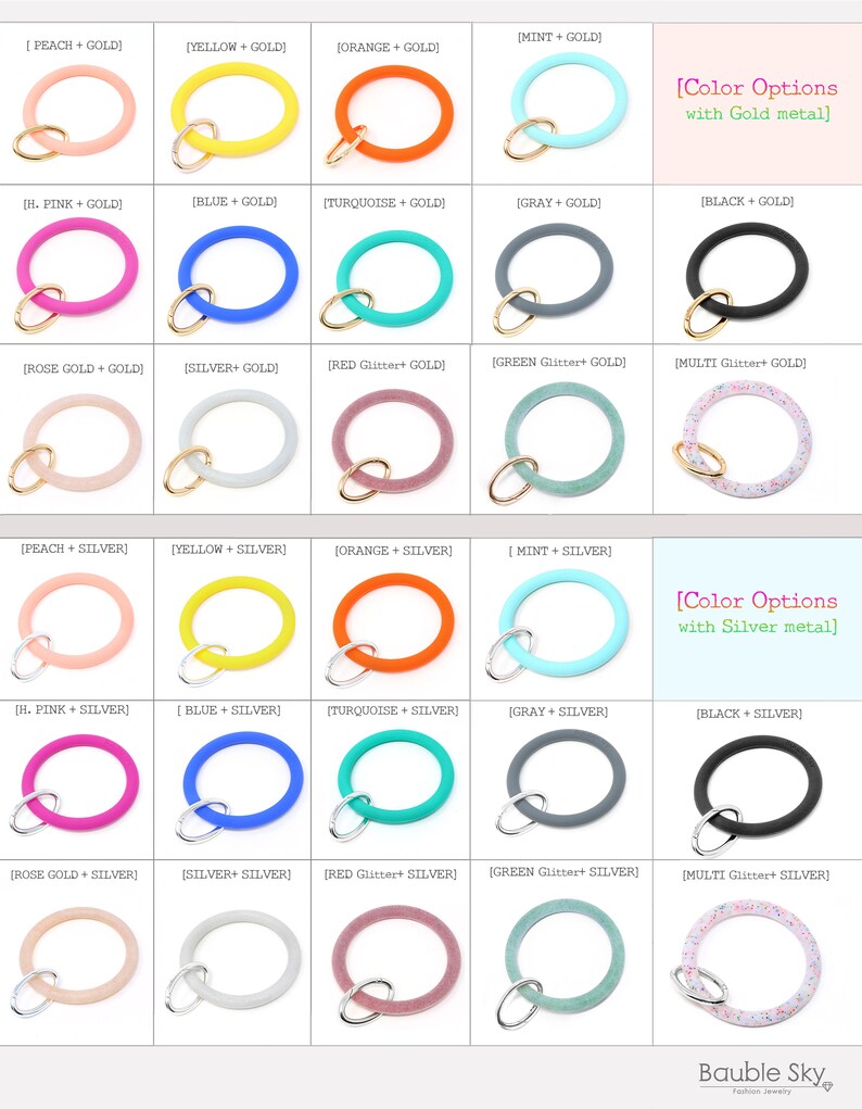 May include: A grid of 20 silicone keychains with different colors and glitter options. The keychains are available with either gold or silver metal accents. The text "Color Options with Gold metal" and "Color Options with Silver metal" appears in the image.