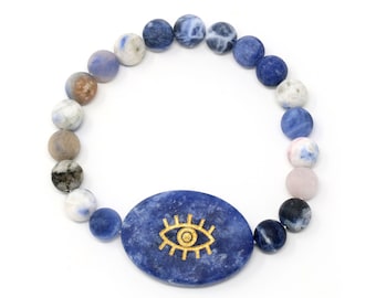 Evil Eye Bracelet, Natural Stone Bracelet Elastic, Sodalite Stone Bracelet, Evil Eye Jewelry, Stretch Bracelet, Gift for Her, Boho Bracelet