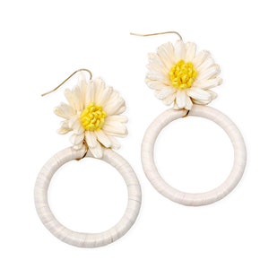 Natural Raffia Flower Earrings, Lightweight White Raffia Hoop Earrings, Bohemian Style Earrings, Ivory Floral Earrings, Gifts For Her