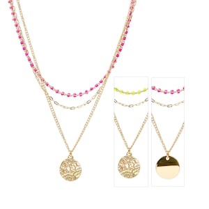 May include: A gold layered necklace with a round pendant. The necklace features three chains, one with pink beads, one with yellow beads, and one with a plain gold chain. The pendant has a textured design.
