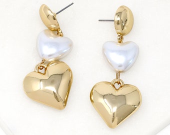 Puffy Heart Statement Earrings Gold, Heart Drop And Dangle Earrings, Gift For Her, Pearl Heart Earrings Gold, Lightweight Statement Earrings