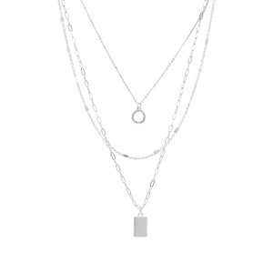 Triple layered modern charm necklace with detangler closure in silver.