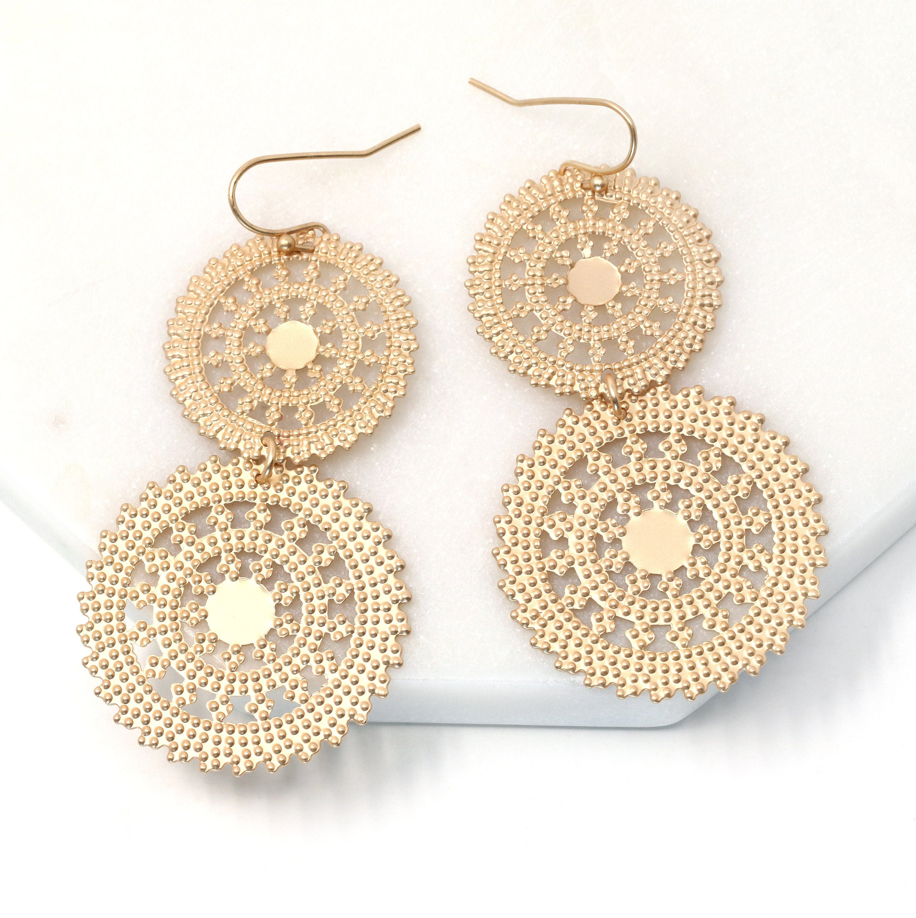 Two Circle Filigree Drop Dangle Earrings Gold,  Lightweight Circle Drop Statement Earrings, Gift For Her, Everyday Earrings,Delicate Earring