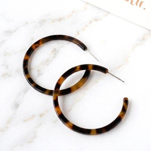 Tortoise Acetate Resin Hoop Earrings, Large Circle Statement (50mm), Lightweight Statement Hoops