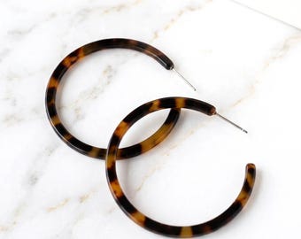 Tortoise Acetate Resin Hoop Earrings, Large Circle Statement (50mm), Lightweight Statement Hoops