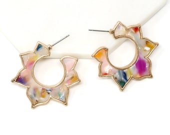 Floral Resin Hoop Statement Earrings, Flower Earrings, Gifts For Her, Multi Color Resin Earrings, Modern Acrylic Earrings, Minimalist Hoops