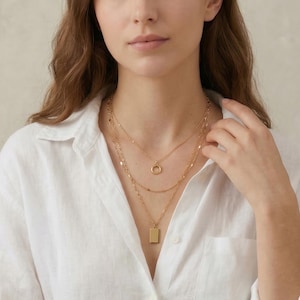 3 Layered Minimalist Necklace Set with Detangler Clasp Closure, Modern Paperclip Gold Plate Chain With Bar Charm, Less Tangle image 7