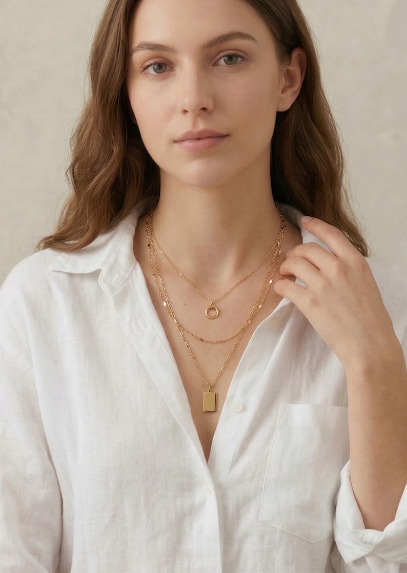 3 Layered Minimalist Necklace Set with Detangler Clasp Closure, Modern Paperclip Gold Plate Chain With Bar Charm, Less Tangle image 7