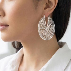 Lightweight Delicate Filigree Hoop Earrings, Matte Gold Plated, Statement Circle Hoops image 2