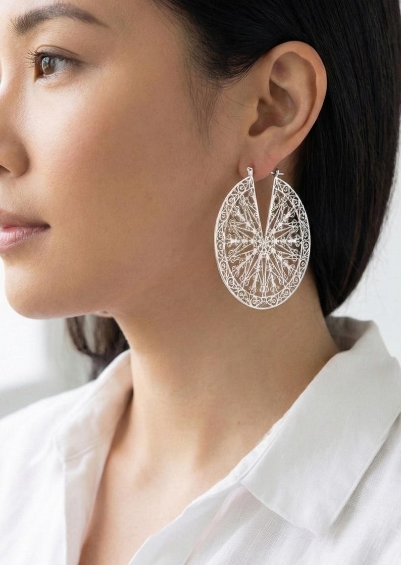 Lightweight Delicate Filigree Hoop Earrings, Matte Gold Plated, Statement Circle Hoops image 2