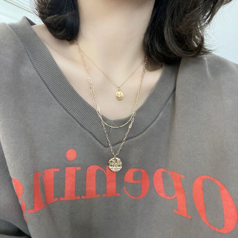 Smiley Face Necklace Gold Smile Emoji Necklace 3 Layer Etsy