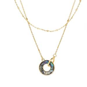 May include: A gold chain necklace with a double strand and a pendant featuring a circle with a blue, green, and iridescent abalone shell inlay.