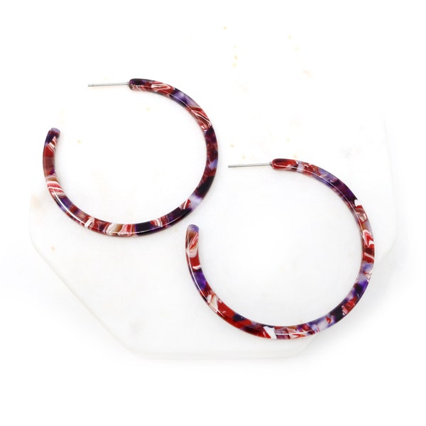 Resin Earrings, Hoop Earrings, Circle Earrings, Acetate Earrings, Statement earrings, Burgundy Red, Tortoise Hoops, Gift For Her, 50mm Hoop