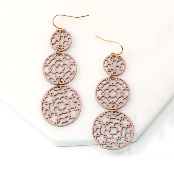 Leather Dangle & Drop Earrings, Filigree Leather Earring, Circle Leather Drop Earring, Gift For Her, Simple Leather Earring, Modern Earring