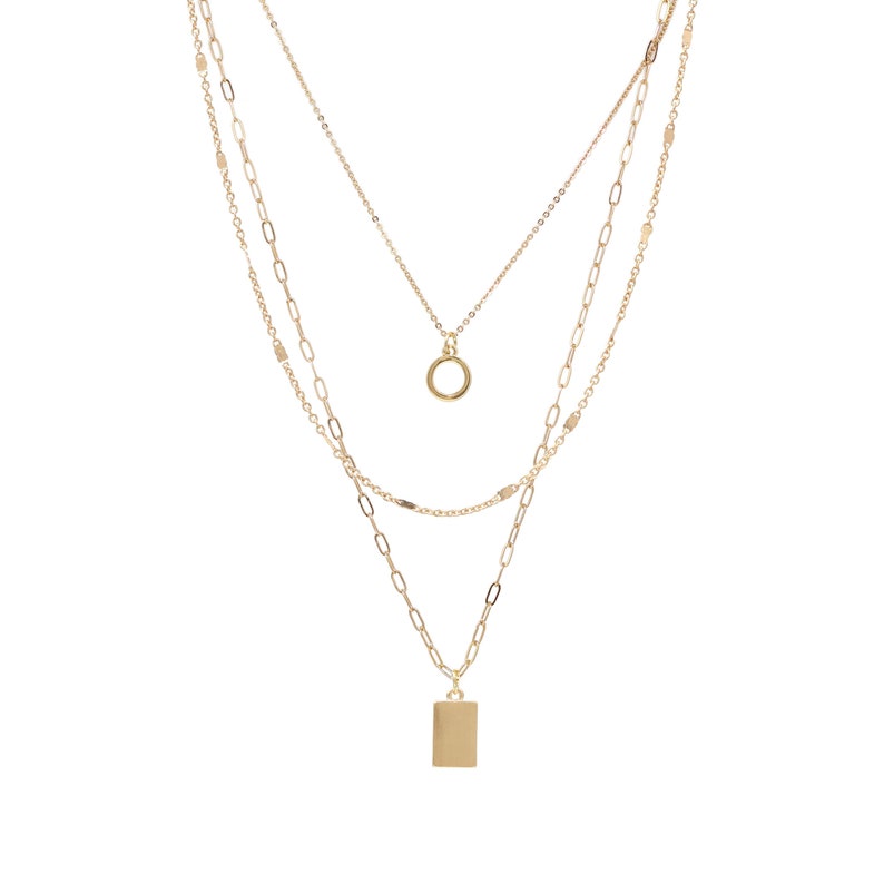 Gold 3 tier bar charm necklace set with circle and rectangle pendants on layered paperclip chains.
