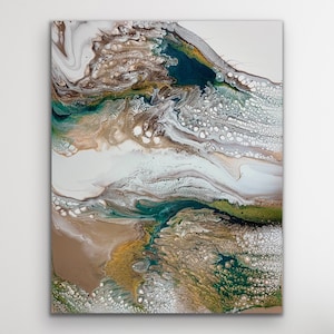 Beautiful Green and Brown Nature Inspired Abstract Fluid Act Acrylic Pour Painting. Canvas size: 22"x 28"
