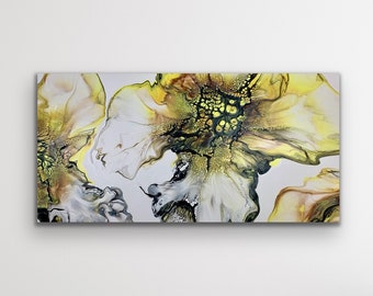 Stunning Sunflower Inspired Abstract Fluid Acrylic Pour Textured Painting. Canvas size: 12"x 24"