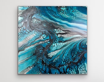 Courant océanique Eau qui coule Résumé Swipe and Spin Fluid Art Acrylique Pour Peinture. Taille de la toile : 12"x 12"