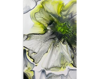 Lime Verde e Fiore Grigio Ispirato Astratto Fluid Art Acrilico Pour Giclee Stampa